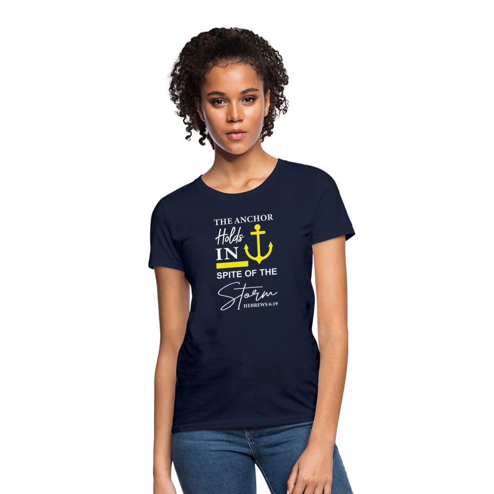 The Anchor Holds in Spite of the Storm (Hebrews 6:19) Women's Contoured T-Shirt - navy