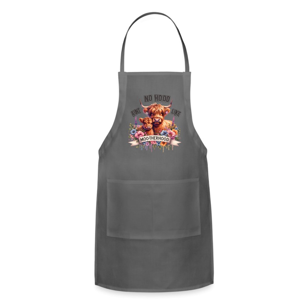 Aint No Hood Like Moo - Therhood Adjustable Apron (Highland Cow) - charcoal