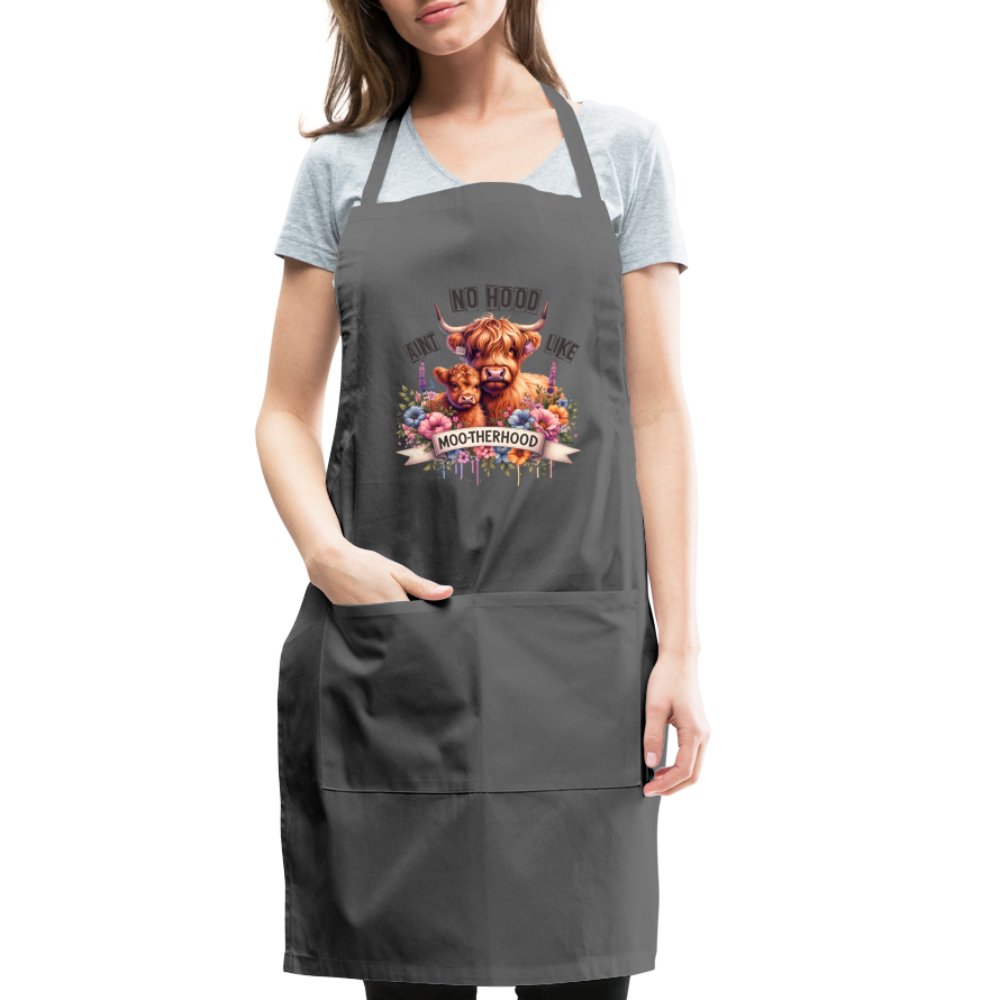 Aint No Hood Like Moo - Therhood Adjustable Apron (Highland Cow) - charcoal