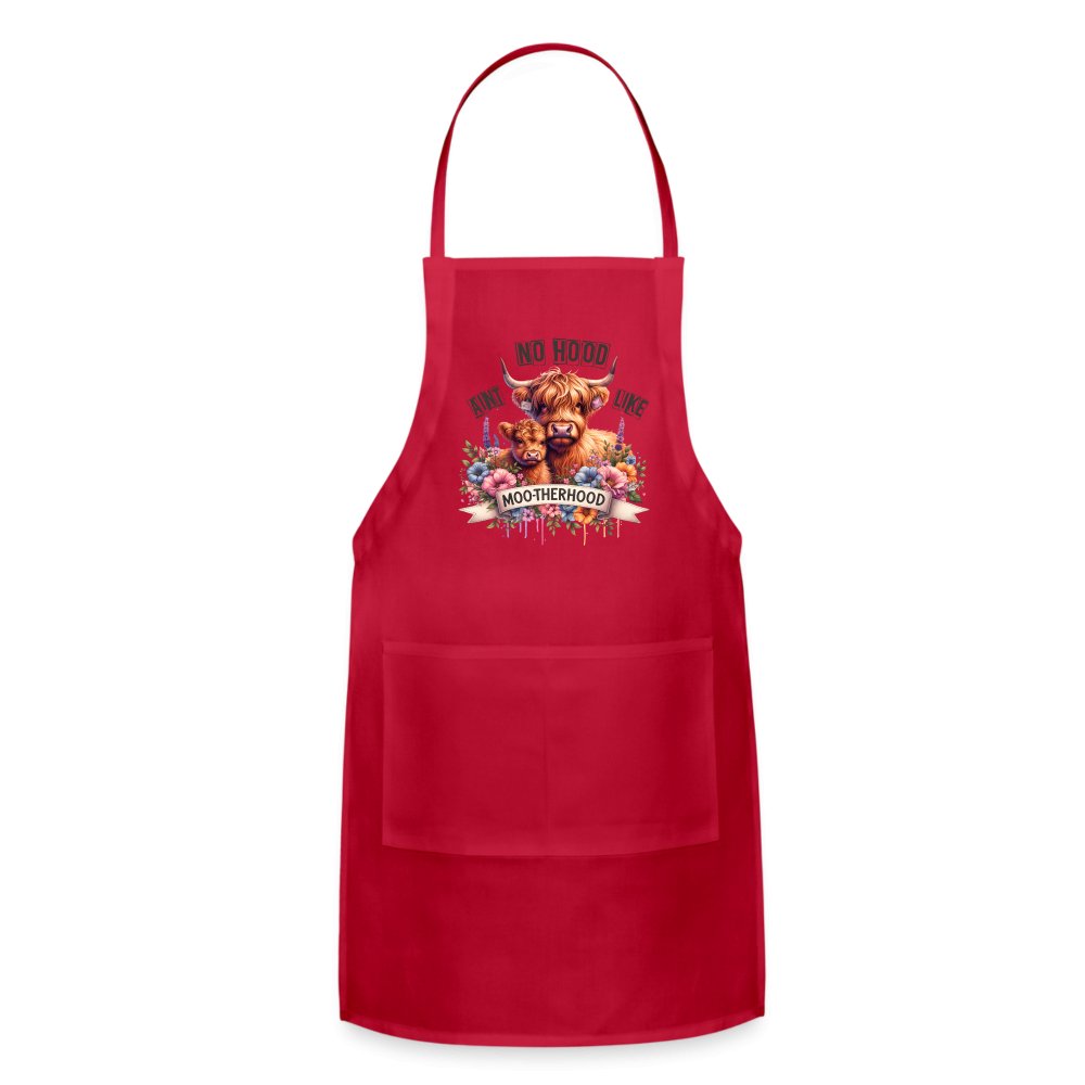 Aint No Hood Like Moo - Therhood Adjustable Apron (Highland Cow) - red