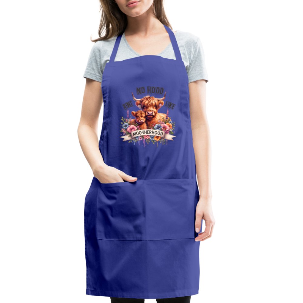 Aint No Hood Like Moo - Therhood Adjustable Apron (Highland Cow) - royal blue