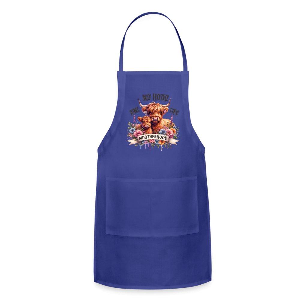 Aint No Hood Like Moo - Therhood Adjustable Apron (Highland Cow) - royal blue