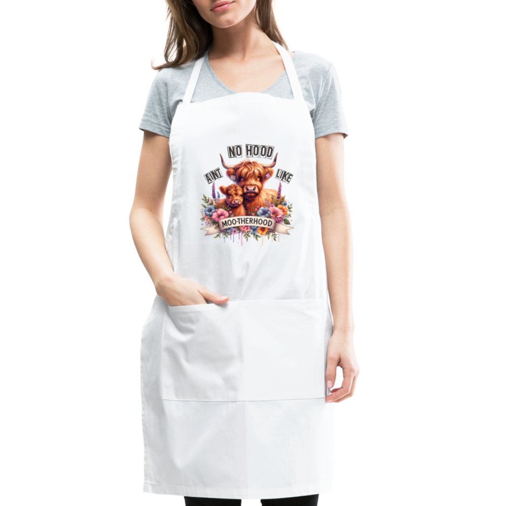 Aint No Hood Like Moo - Therhood Adjustable Apron (Highland Cow) - white