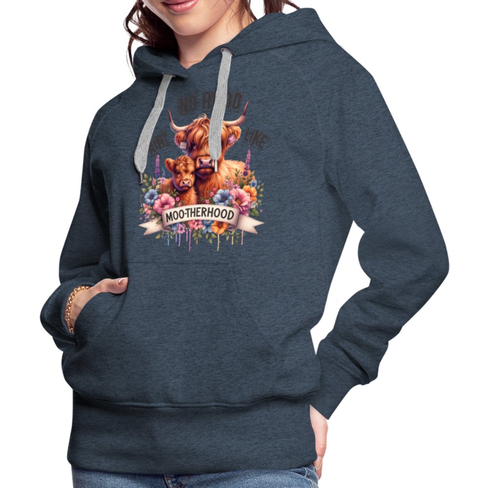 Aint No Hood Like Moo - Therhood Women’s Premium Hoodie (Highland Cow) - heather denim