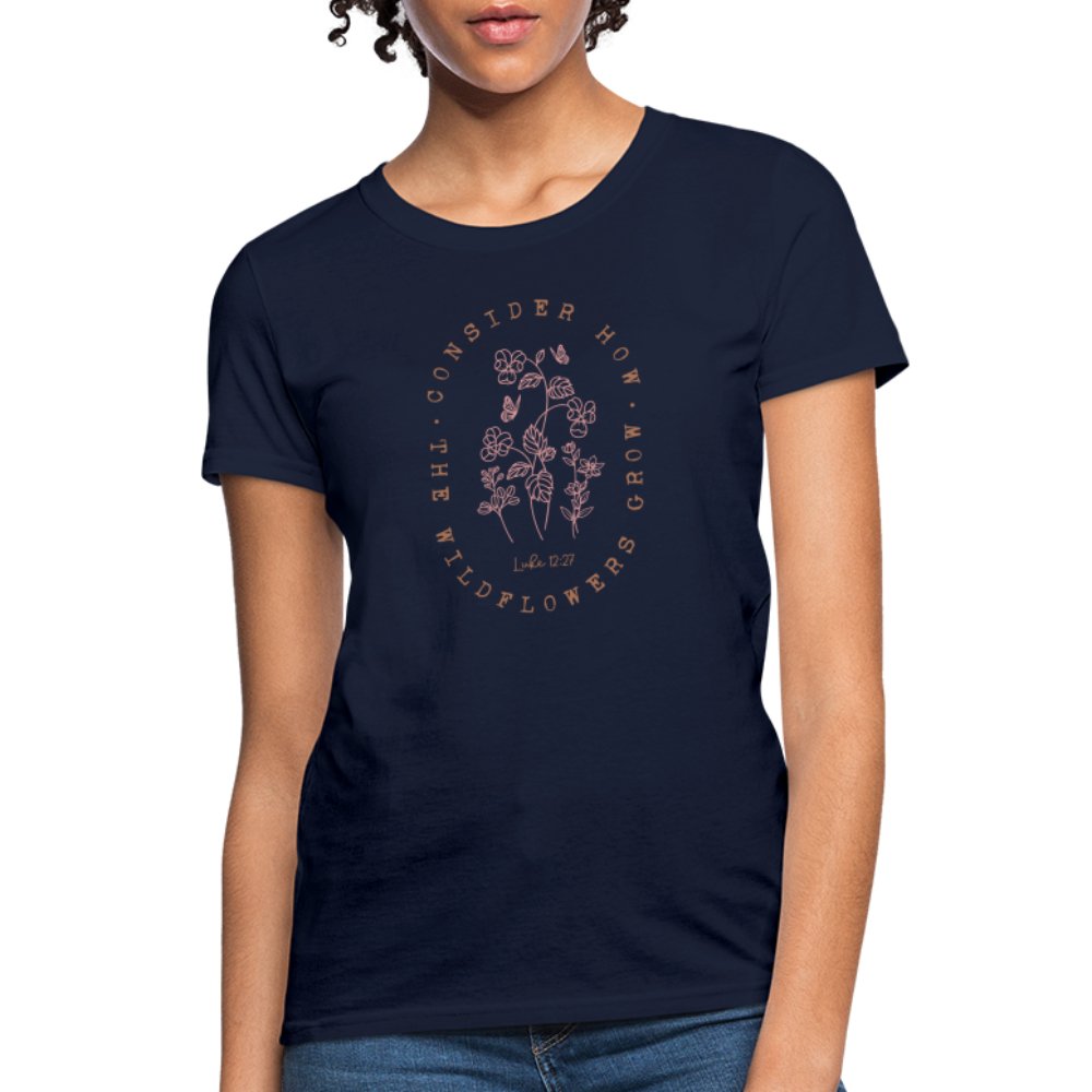 Consider Where the Wildflowers Grow (Luke 12:27) Women's Contoured T-Shirt - navy