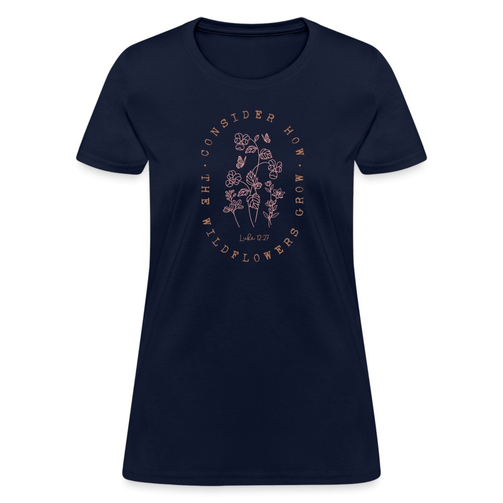 Consider Where the Wildflowers Grow (Luke 12:27) Women's Contoured T-Shirt - navy