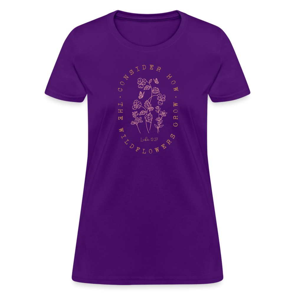 Consider Where the Wildflowers Grow (Luke 12:27) Women's Contoured T-Shirt - purple