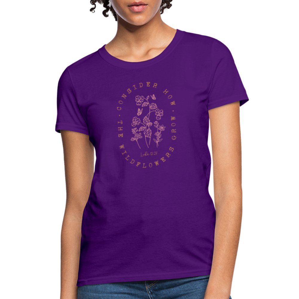 Consider Where the Wildflowers Grow (Luke 12:27) Women's Contoured T-Shirt - purple