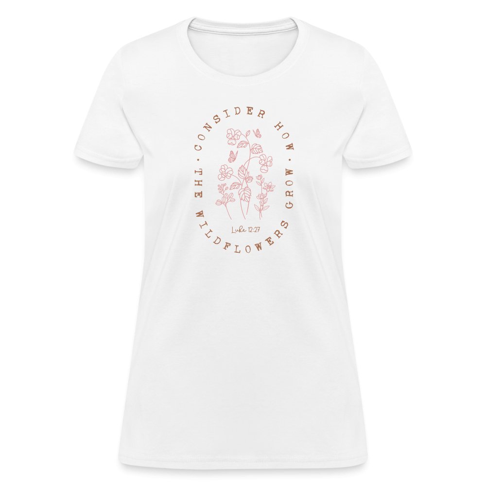 Consider Where the Wildflowers Grow (Luke 12:27) Women's Contoured T-Shirt - white