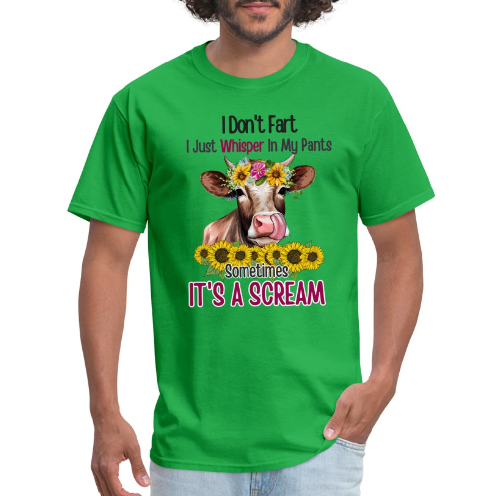 I Don't Fart I Just Whisper in My Pants T-Shirt (Funny Cow) - bright green