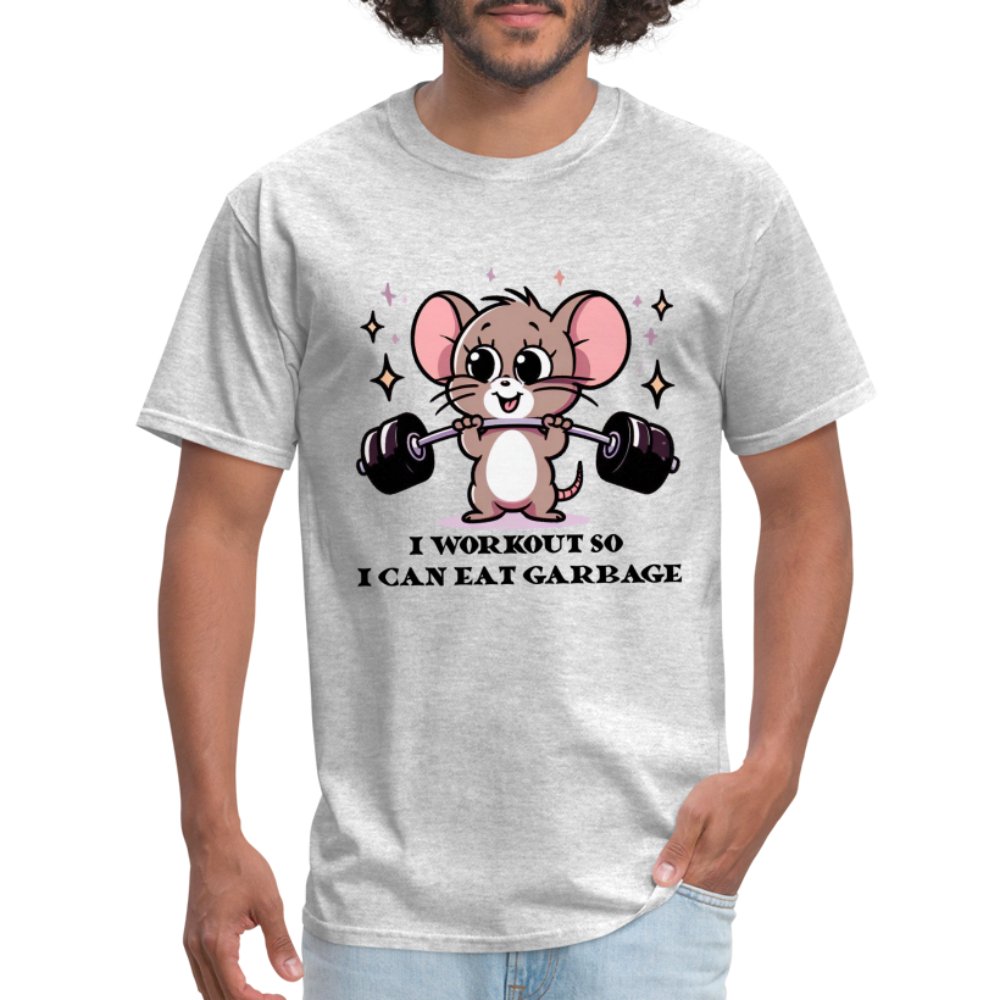 I Workout So I Can Eat Garbage T-Shirt (Cute Funny Mouse) - heather gray