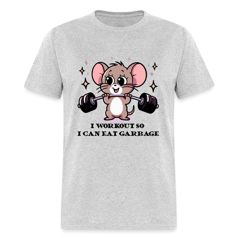 I Workout So I Can Eat Garbage T-Shirt (Cute Funny Mouse) - light heather gray