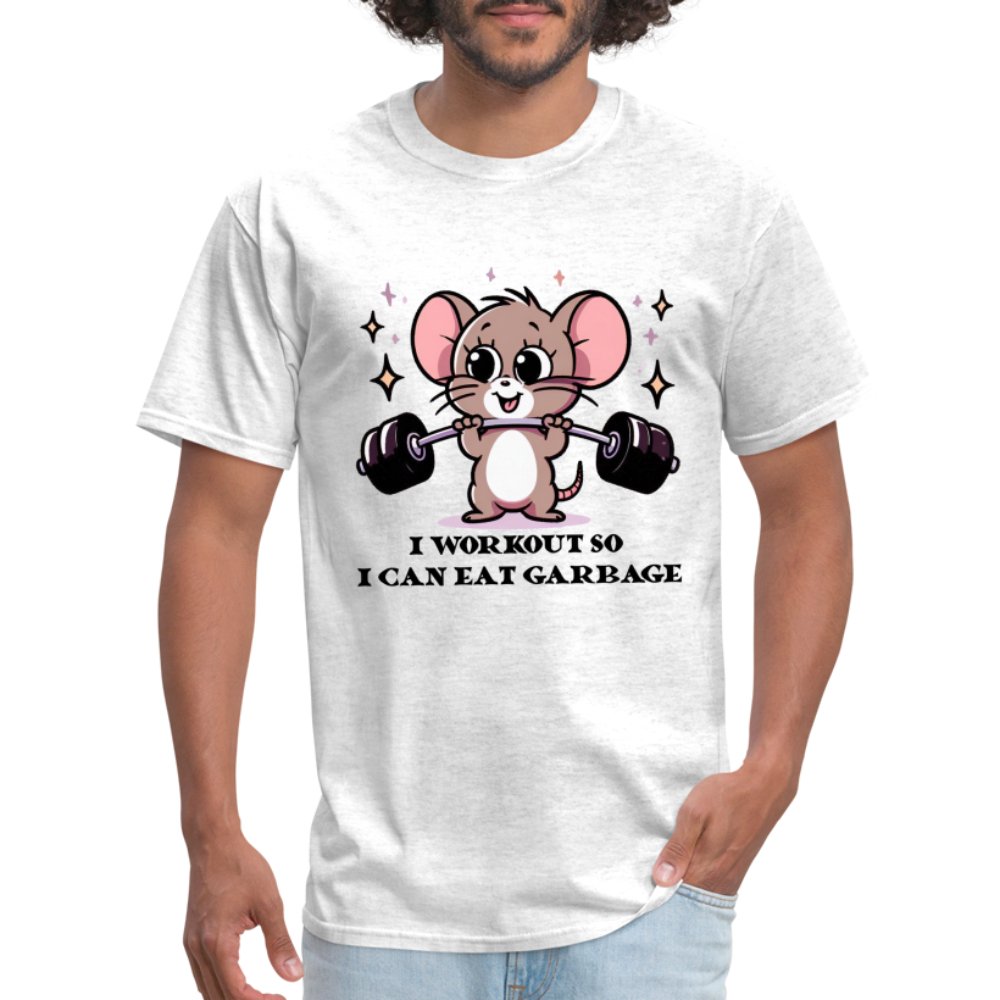 I Workout So I Can Eat Garbage T-Shirt (Cute Funny Mouse) - light heather gray