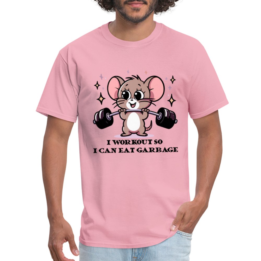 I Workout So I Can Eat Garbage T-Shirt (Cute Funny Mouse) - pink