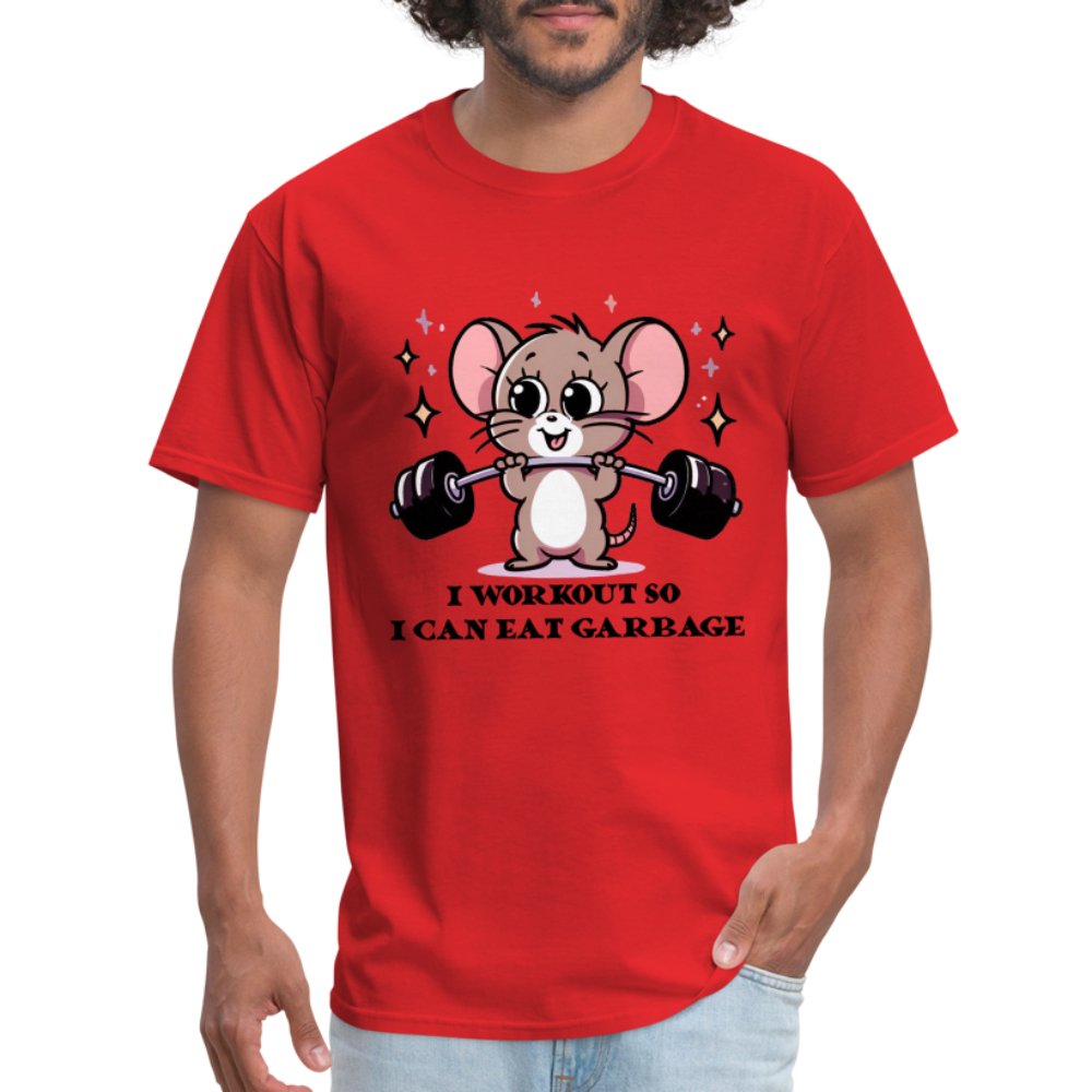 I Workout So I Can Eat Garbage T-Shirt (Cute Funny Mouse) - red