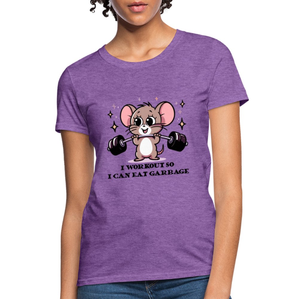 I Workout So I Can Eat Garbage Women's Contoured T-Shirt (Cute Funny Mouse) - fuchsia