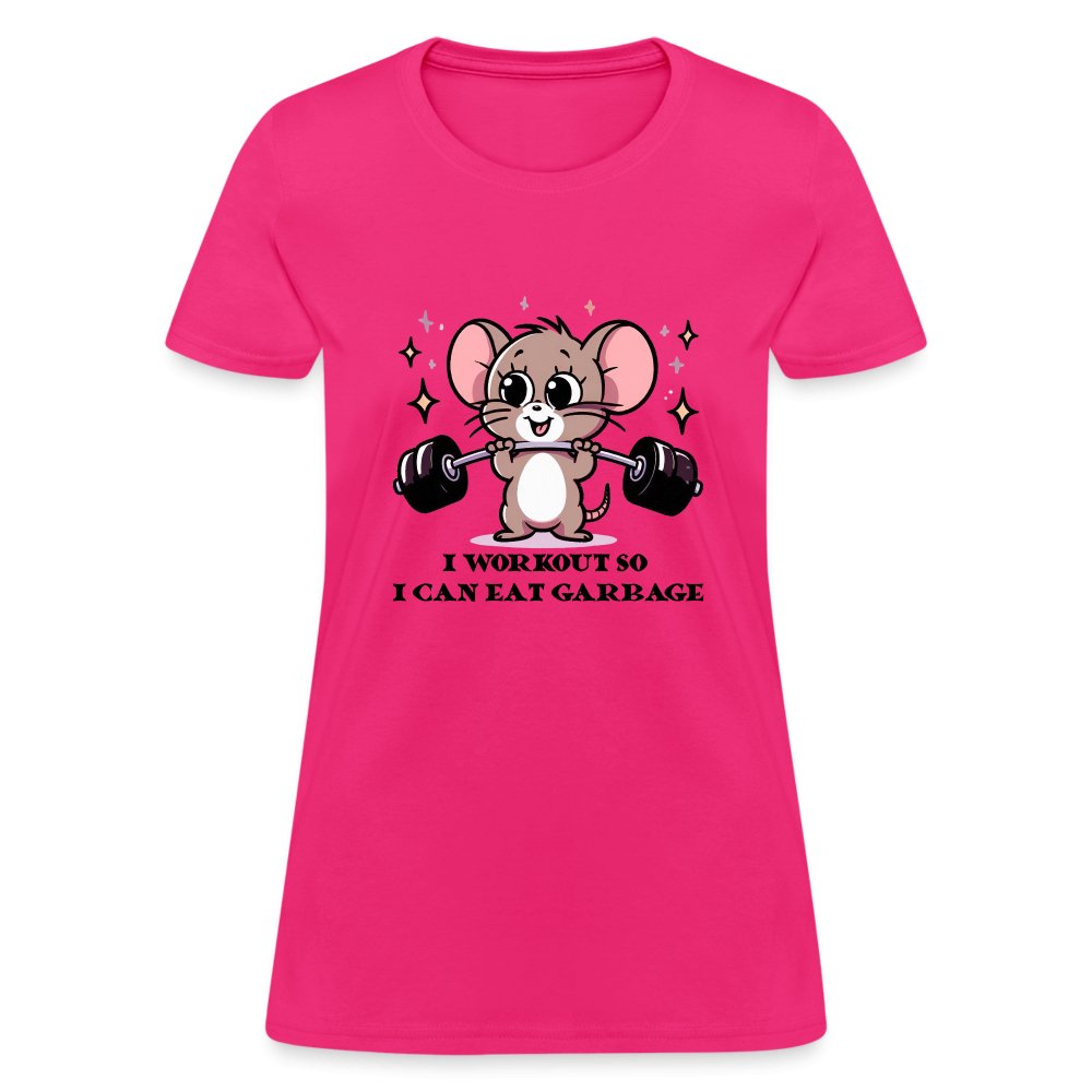 I Workout So I Can Eat Garbage Women's Contoured T-Shirt (Cute Funny Mouse) - fuchsia