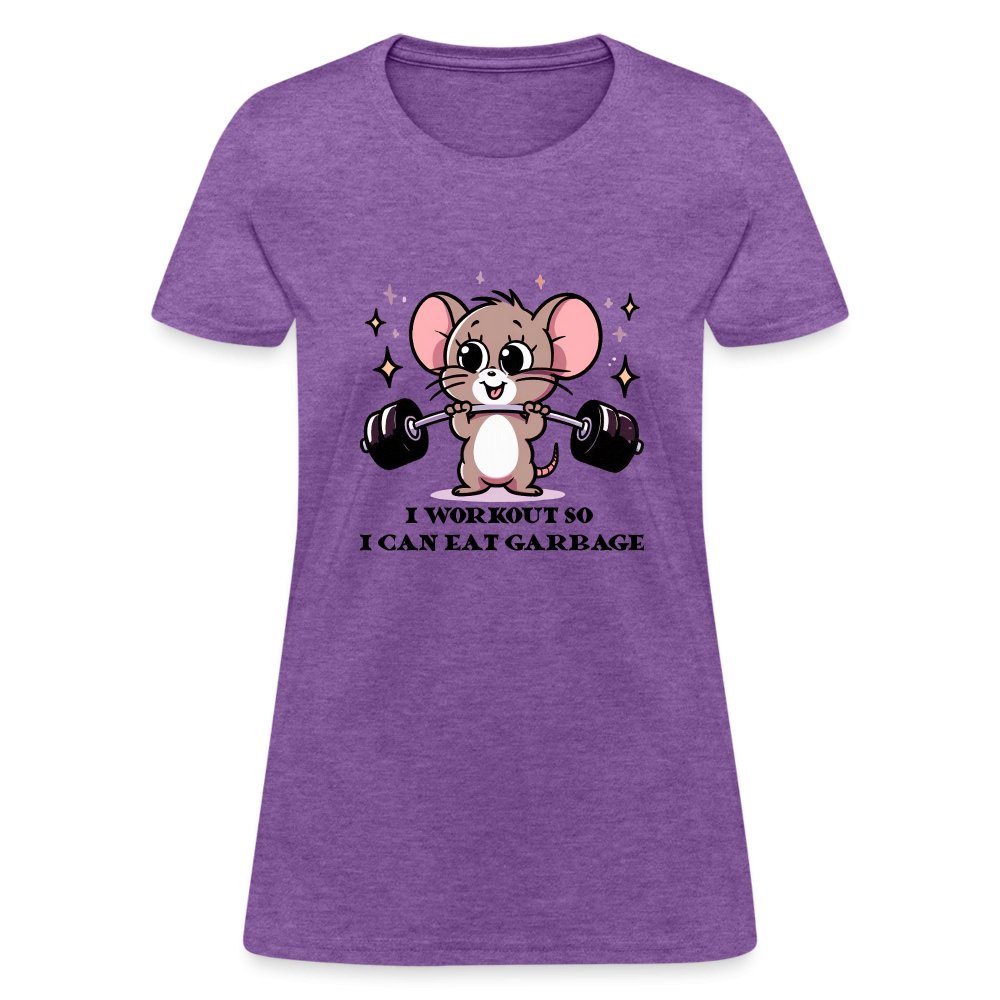 I Workout So I Can Eat Garbage Women's Contoured T-Shirt (Cute Funny Mouse) - purple heather