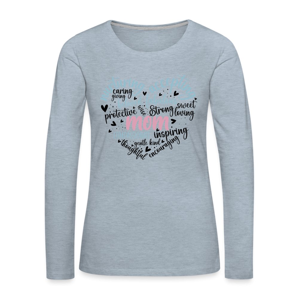 Mom Heart Women's Premium Long Sleeve T-Shirt (Word Cloud) - heather ice blue