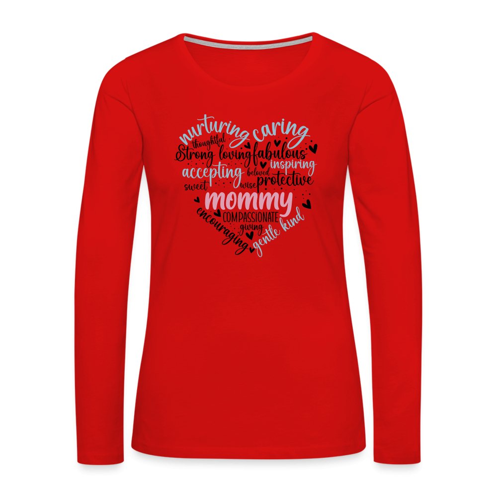 Mommy Heart Women's Premium Long Sleeve T-Shirt (Word Cloud) - red