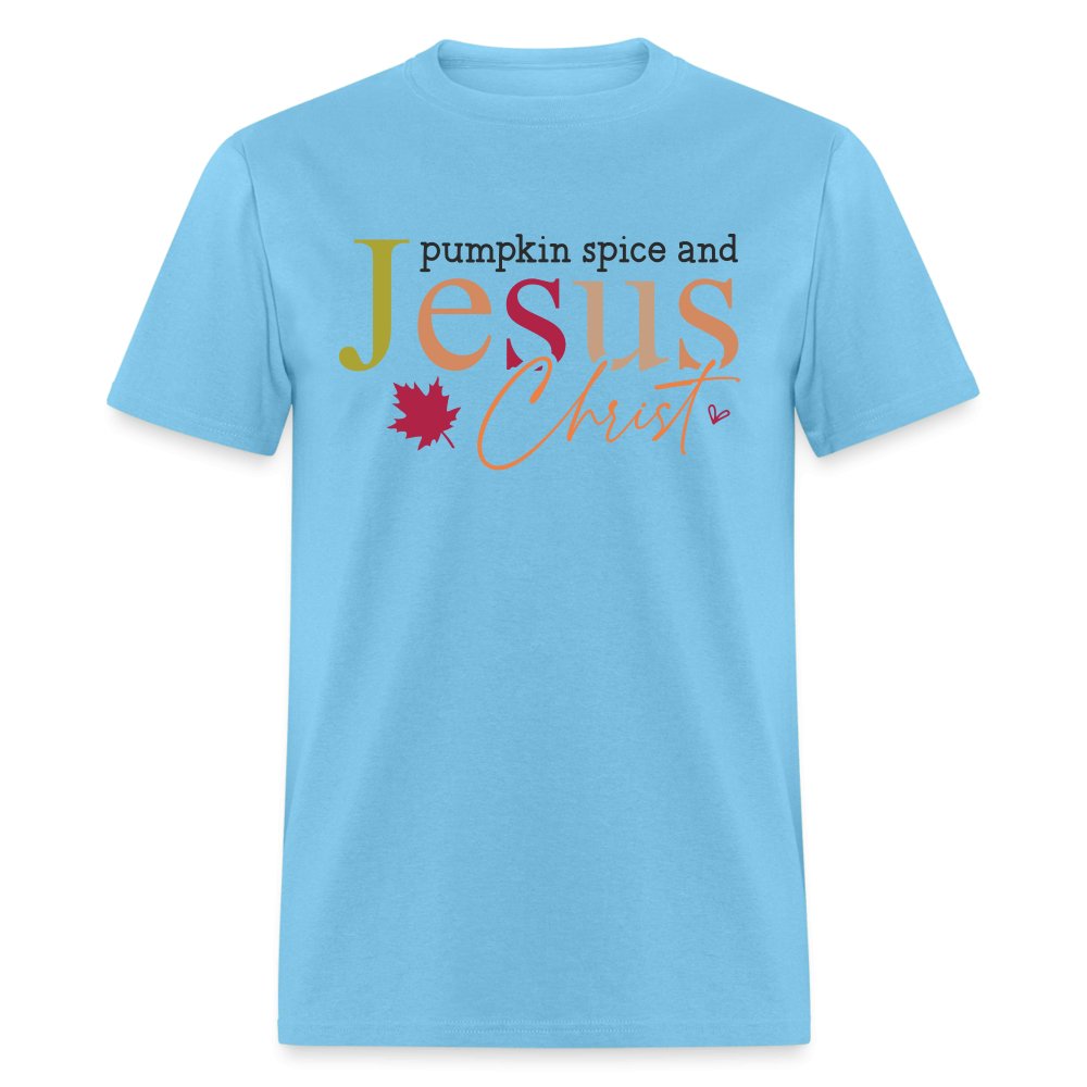 Pumpkin Spice and Jesus Christ T-Shirt - aquatic blue