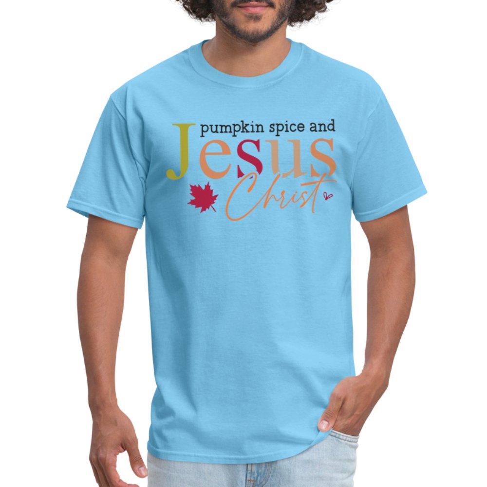 Pumpkin Spice and Jesus Christ T-Shirt - aquatic blue