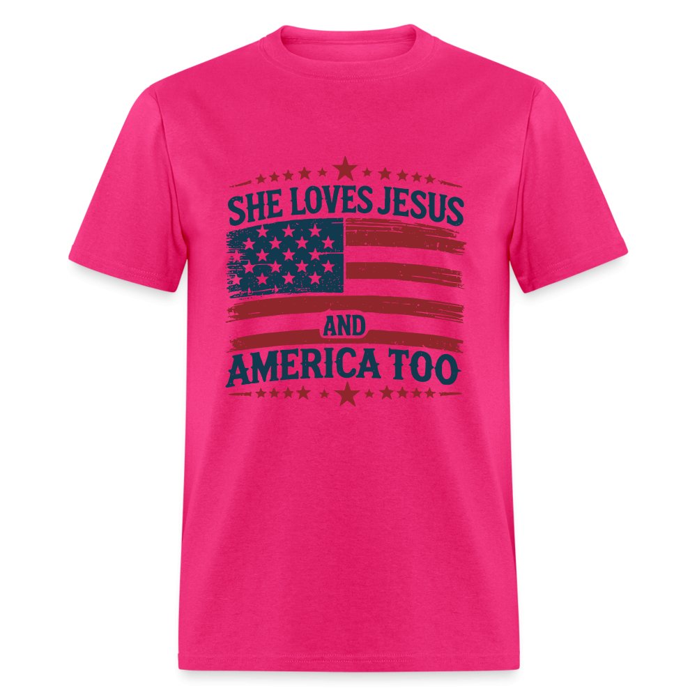 She Loves Jesus and America Too T-Shirt - fuchsia