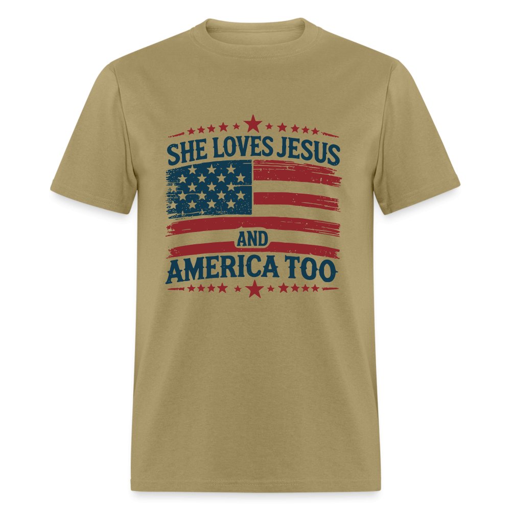 She Loves Jesus and America Too T-Shirt - khaki