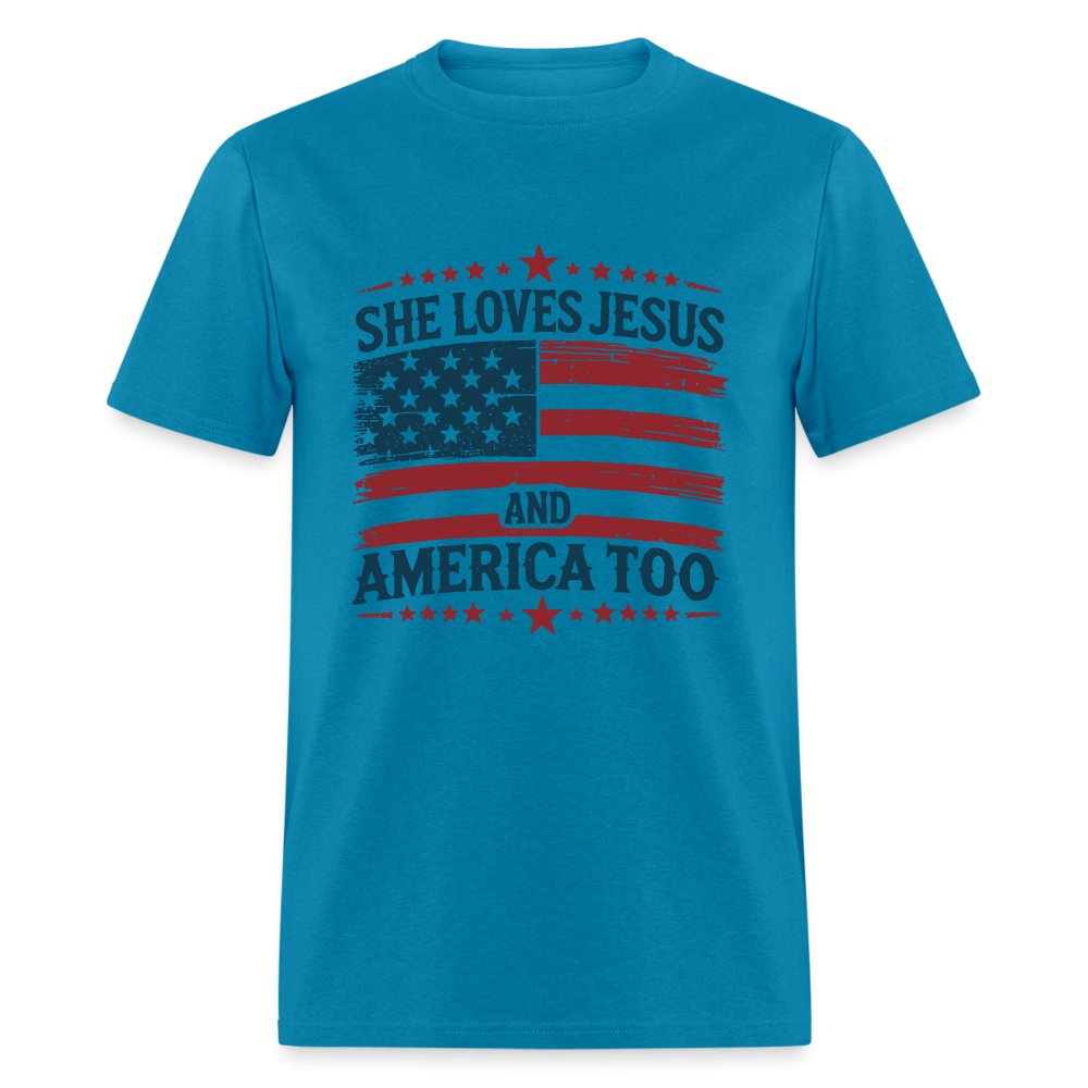 She Loves Jesus and America Too T-Shirt - turquoise