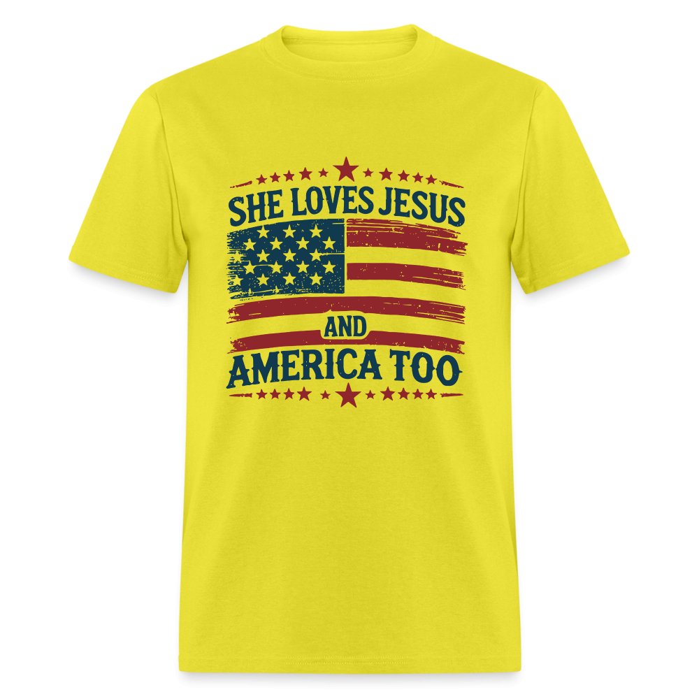 She Loves Jesus and America Too T-Shirt - yellow