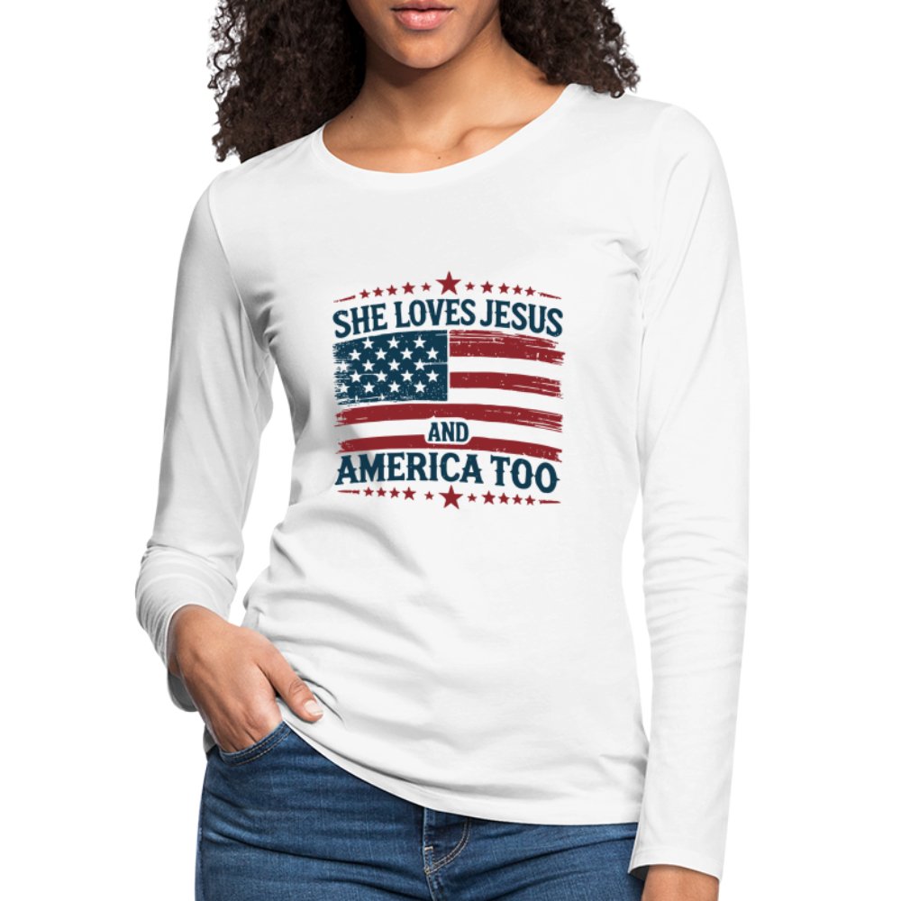 She Loves Jesus and America Too Women's Premium Long Sleeve T-Shirt - heather gray