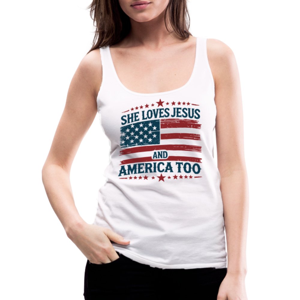 She Loves Jesus and America Too Women’s Premium Tank Top - white