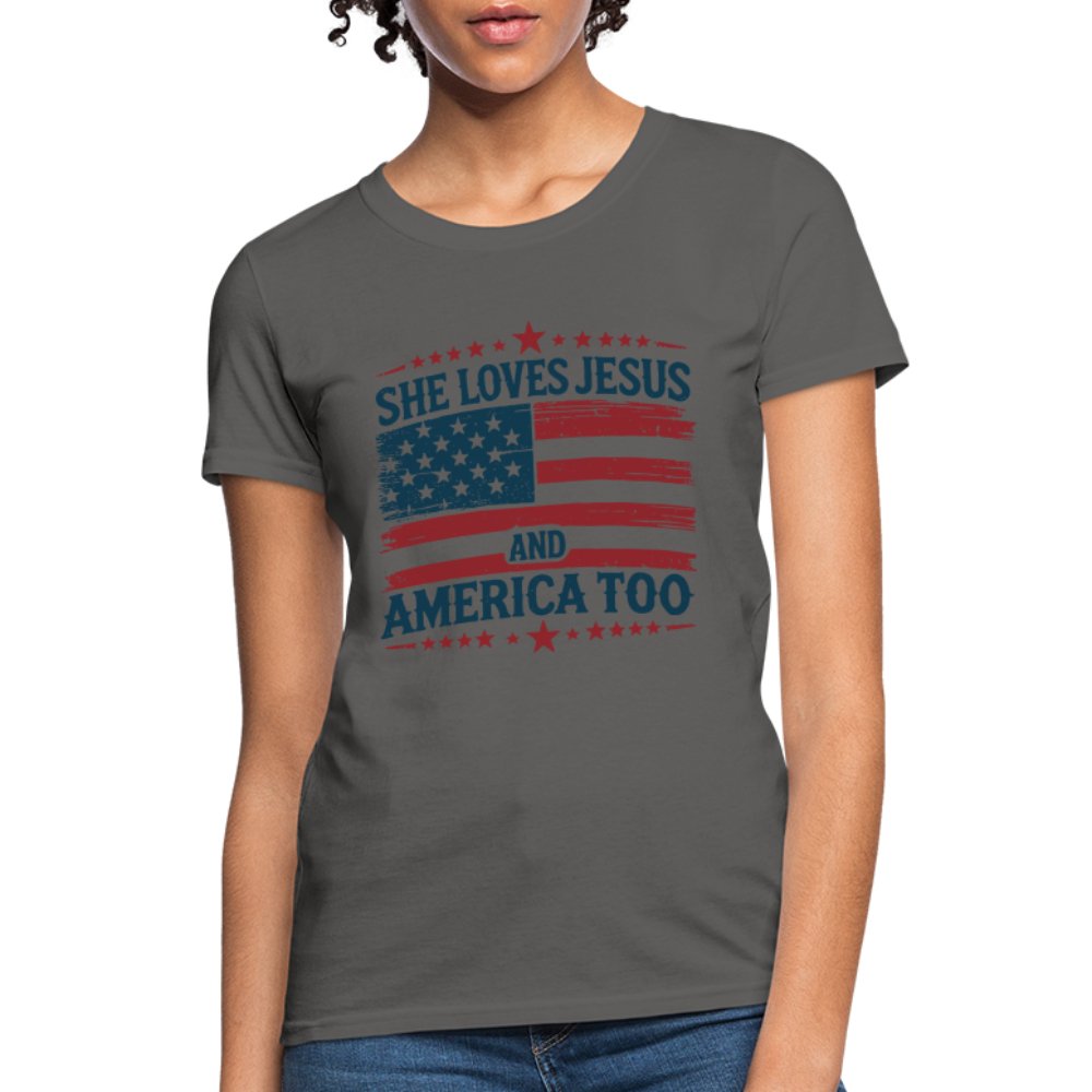 She Loves Jesus and America Too Women's T-Shirt - charcoal