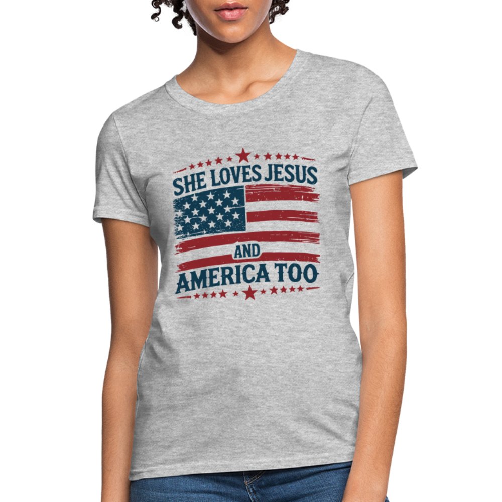 She Loves Jesus and America Too Women's T-Shirt - heather gray