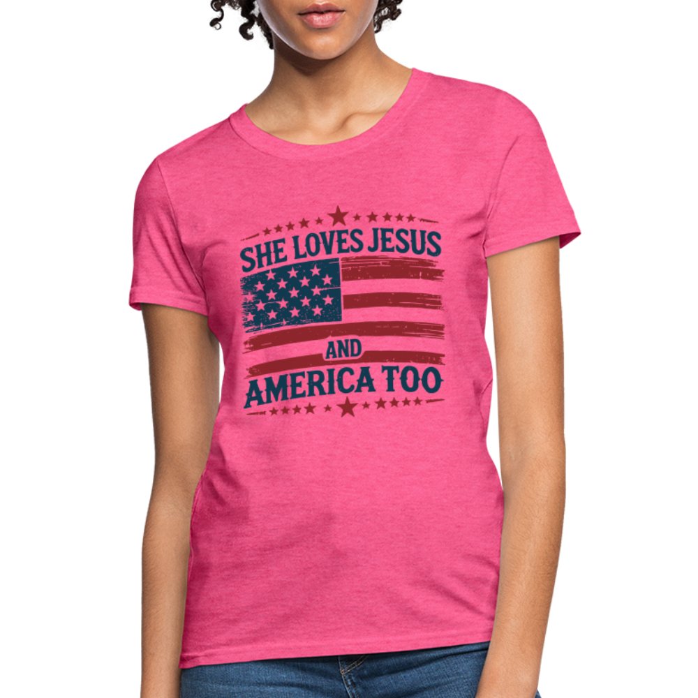 She Loves Jesus and America Too Women's T-Shirt - heather pink