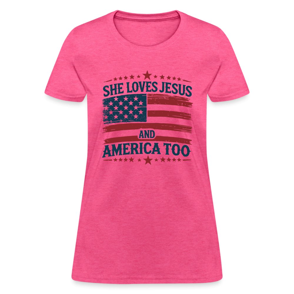 She Loves Jesus and America Too Women's T-Shirt - heather pink