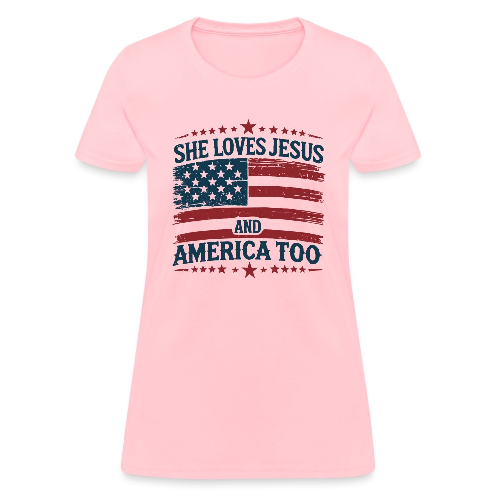 She Loves Jesus and America Too Women's T-Shirt - pink