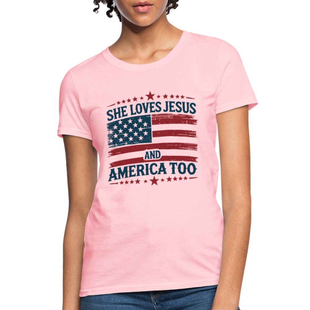 She Loves Jesus and America Too Women's T-Shirt - pink