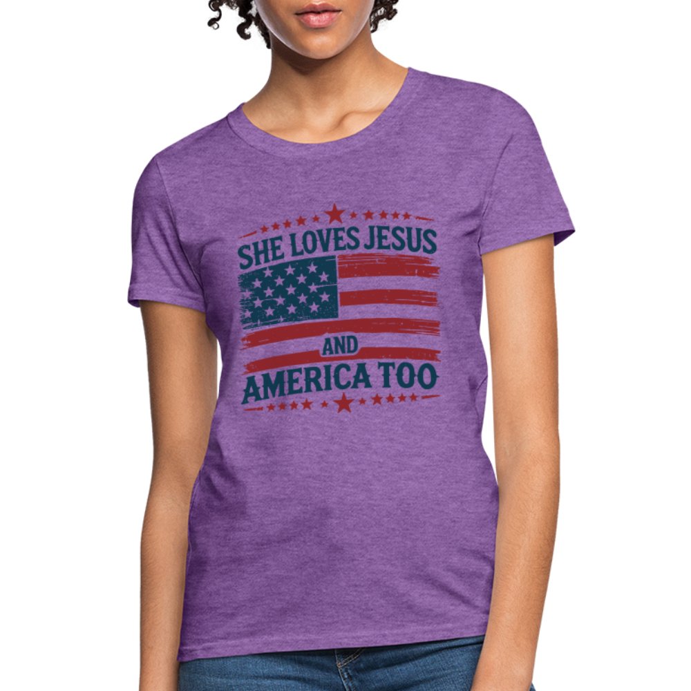 She Loves Jesus and America Too Women's T-Shirt - purple heather