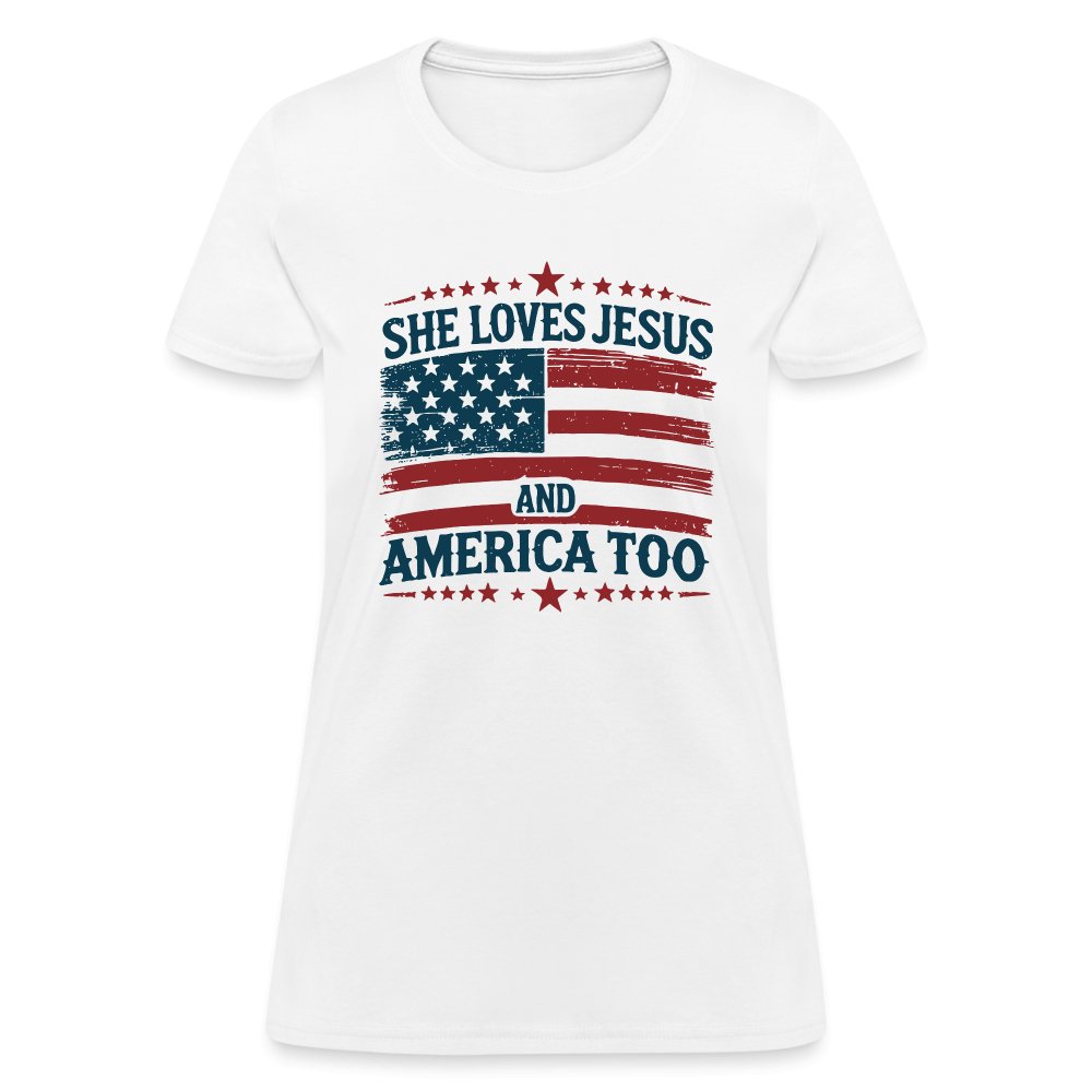 She Loves Jesus and America Too Women's T-Shirt - white