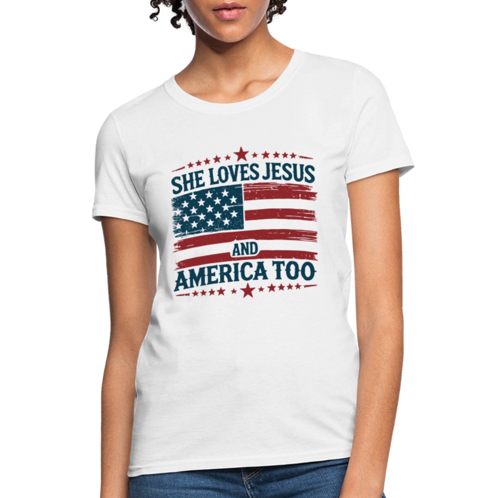 She Loves Jesus and America Too Women's T-Shirt - white