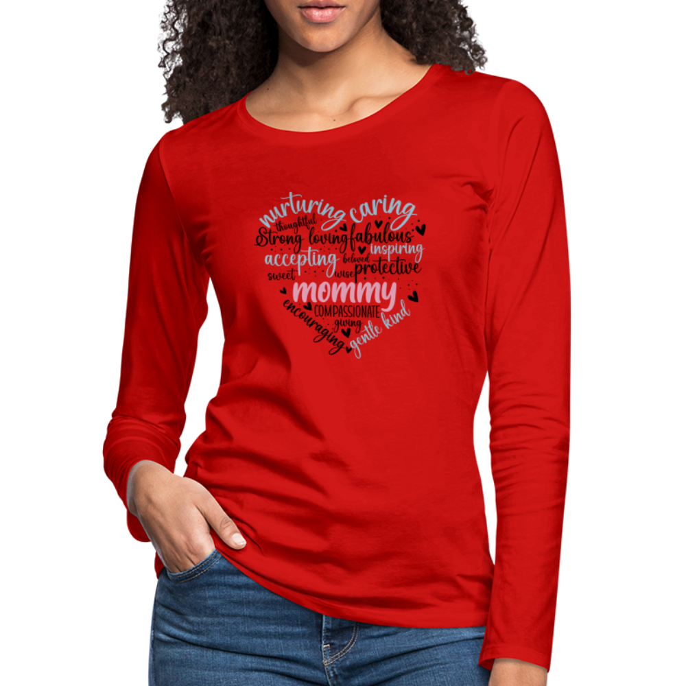 Mommy Heart Women's Premium Long Sleeve T-Shirt (Word Cloud) - red