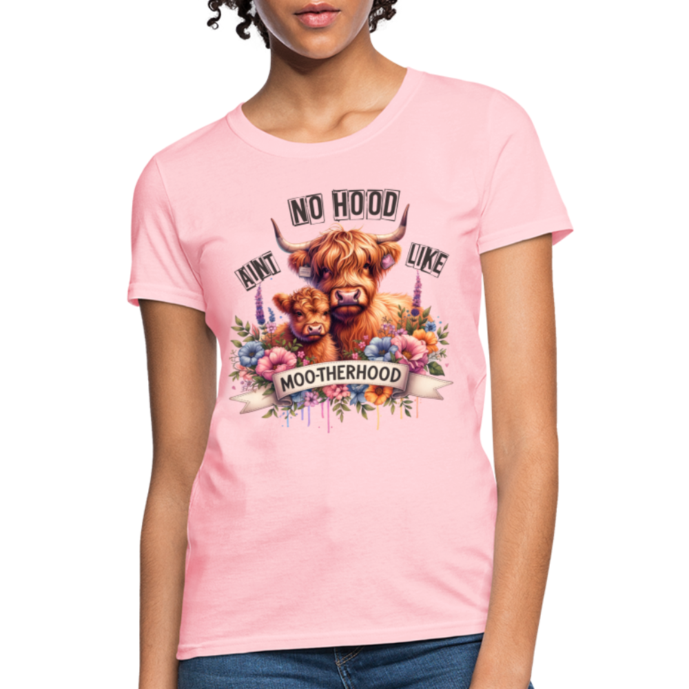 Aint No Hood Like Moo-Therhood Women's T-Shirt (Highland Cow) - pink