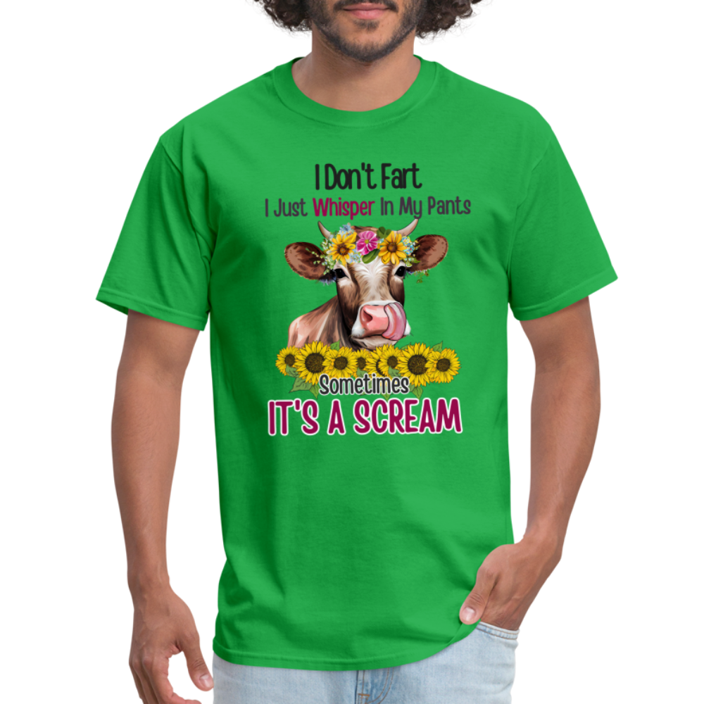 I Don't Fart I Just Whisper in My Pants T-Shirt (Funny Cow) - bright green