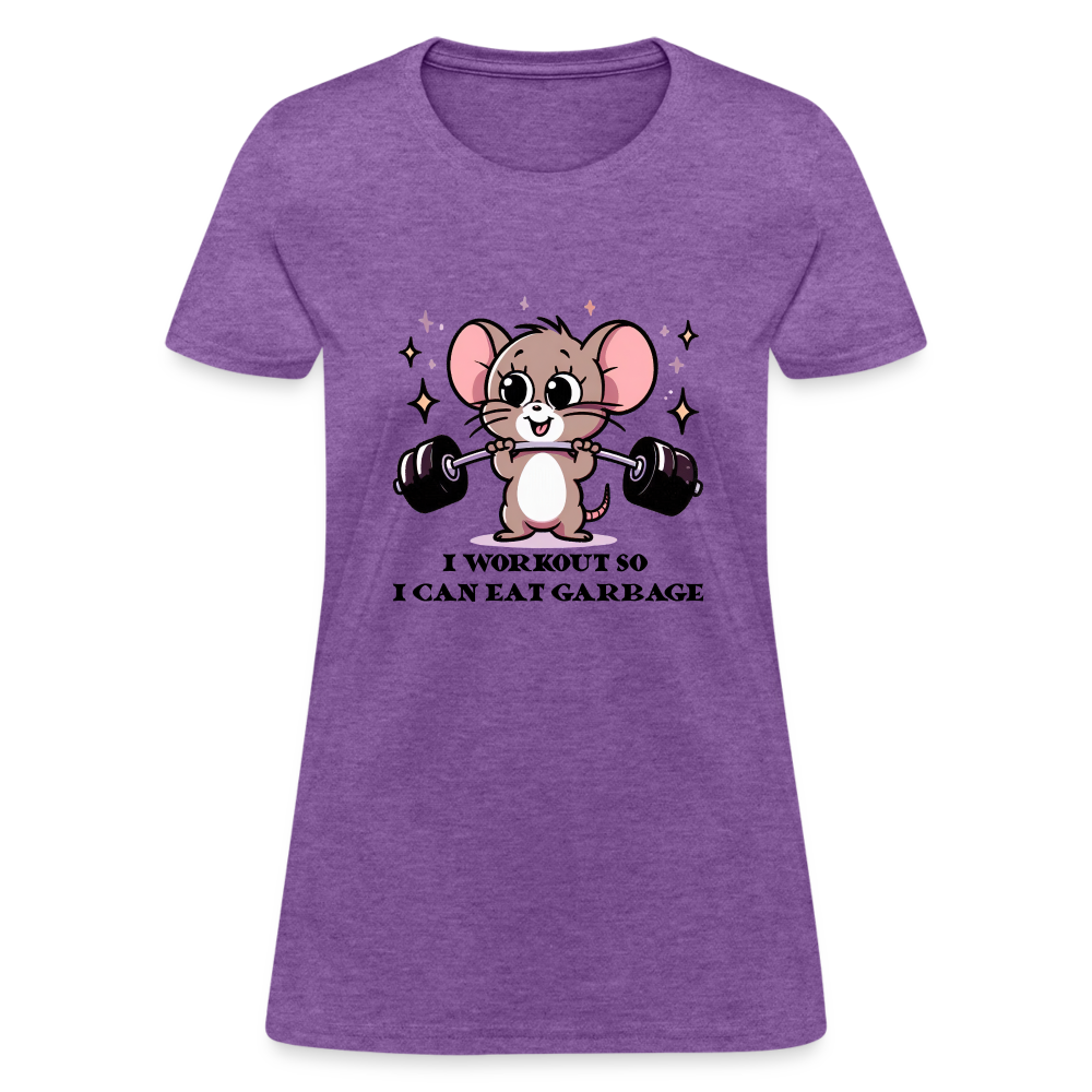 I Workout So I Can Eat Garbage Women's Contoured T-Shirt (Cute Funny Mouse) - purple heather