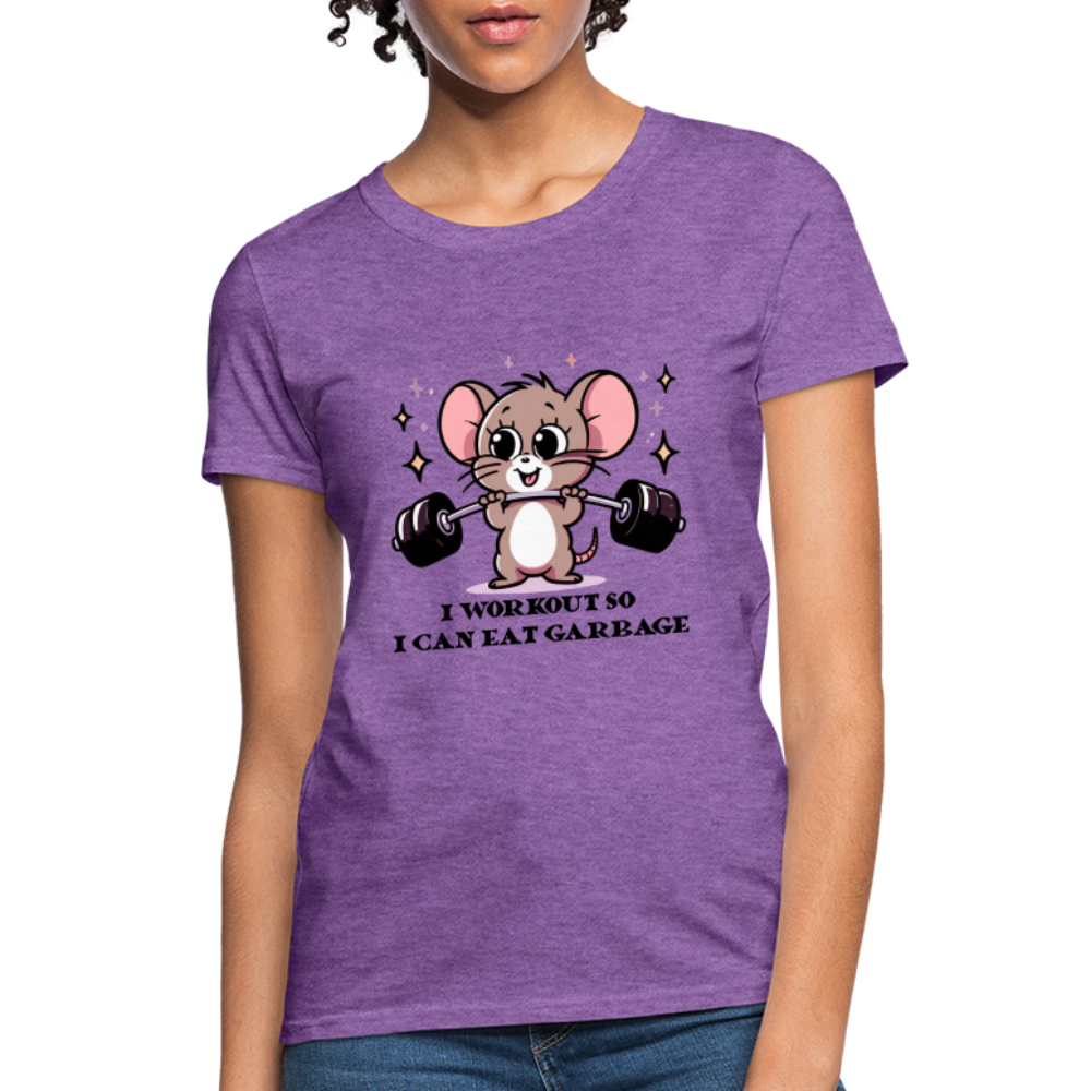 I Workout So I Can Eat Garbage Women's Contoured T-Shirt (Cute Funny Mouse) - purple heather