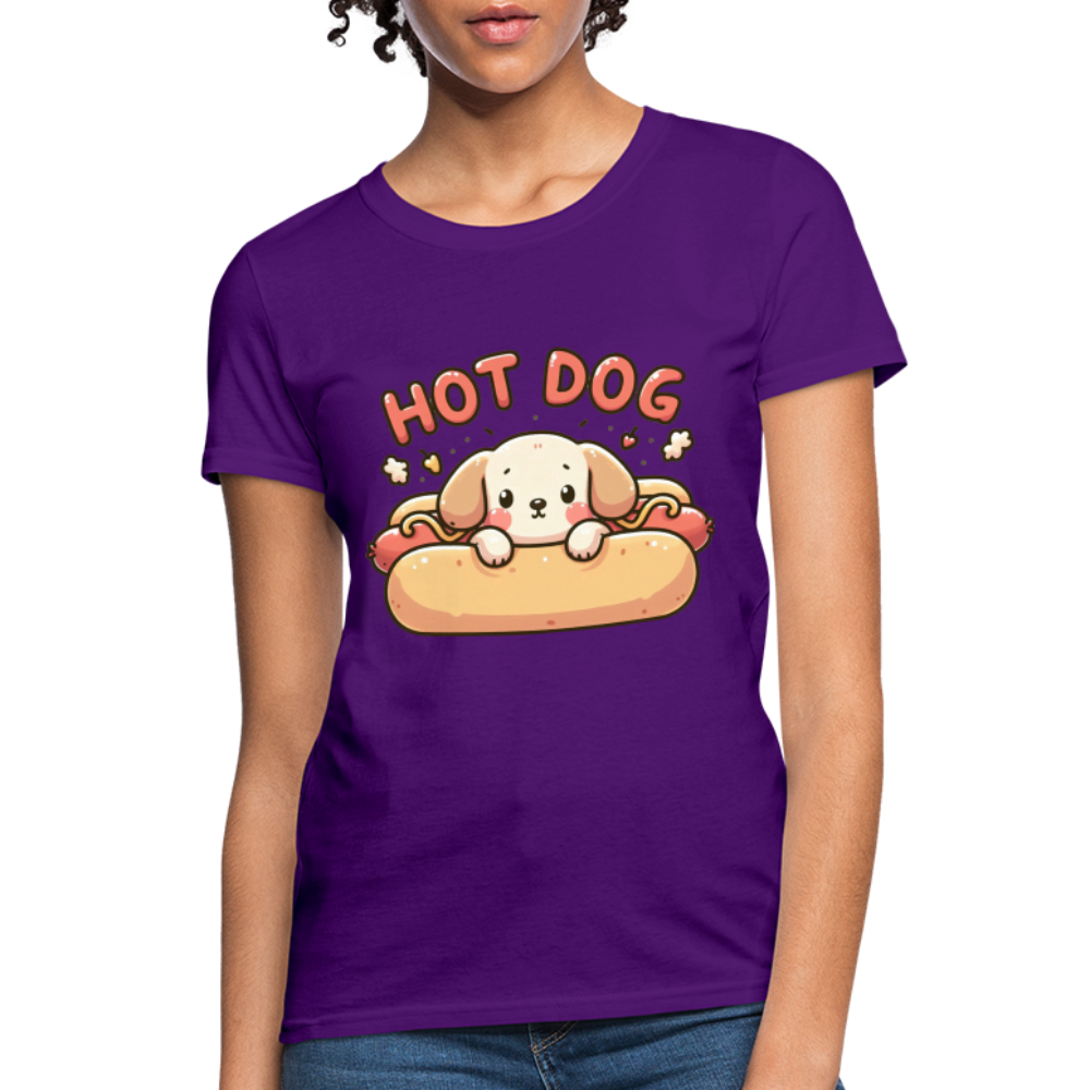 Hot Dog Women's Contoured T-Shirt (Puppy inside Hot Dog Bun) - purple