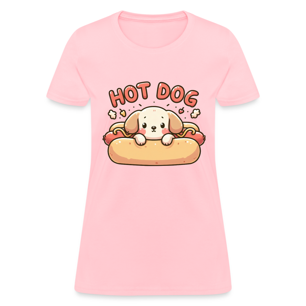 Hot Dog Women's Contoured T-Shirt (Puppy inside Hot Dog Bun) - pink
