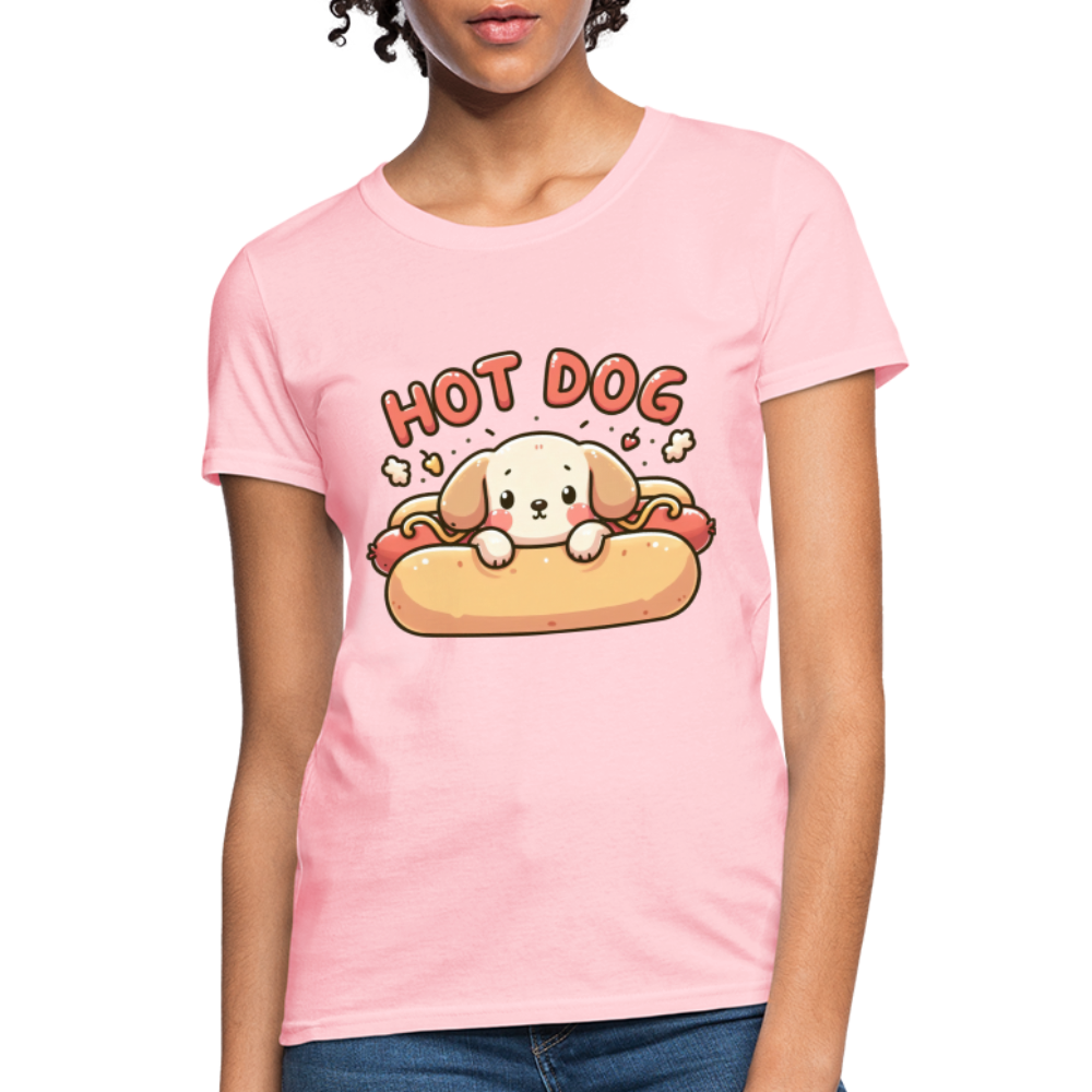 Hot Dog Women's Contoured T-Shirt (Puppy inside Hot Dog Bun) - pink