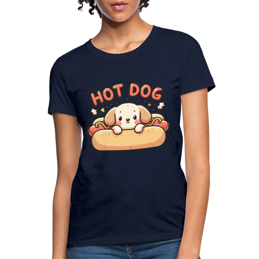 Hot Dog Women's Contoured T-Shirt (Puppy inside Hot Dog Bun) - navy